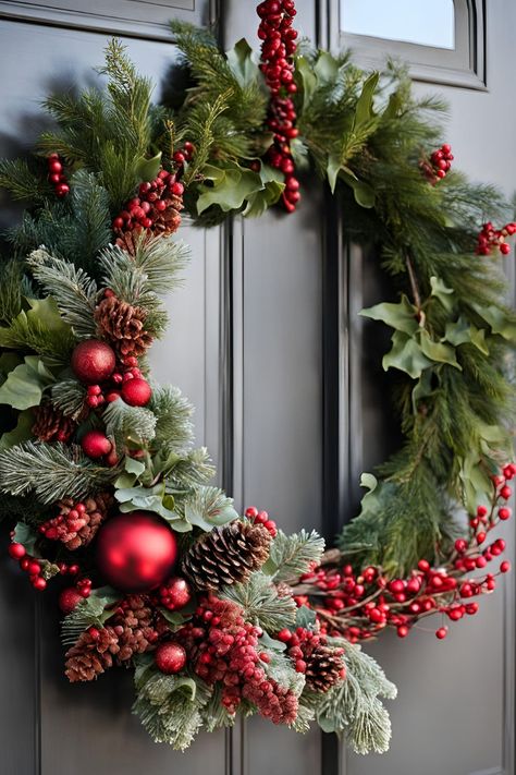 Traditional Christmas wreath with holly leaves pinecones red berries and ornaments interior design Christmas decor close up Olive Tree Christmas, Interior Design Christmas, Fresh Christmas Wreath, Tree Christmas Decoration, Christmas Wreath Ideas, Poinsettia Wreath, Evergreen Wreath, Traditional Christmas Decorations, Stunning Interior Design