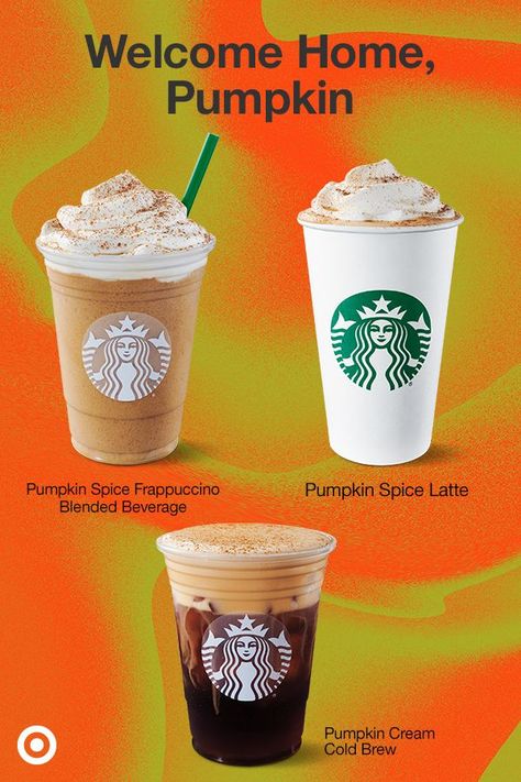 Say hello to your fall faves. Enjoy the cozy, classic Pumpkin Spice Latte, the super-smooth Pumpkin Cream Cold Brew or the creamy & cool Pumpkin Spice Frappuccino Blended Beverage. Get them at Starbucks Café. Pumpkin Frappuccino, Starbucks Products, Pumpkin Starbucks, Pumpkin Spice Frappuccino, Pumpkin Cream Cold Brew, Aura Aesthetic, Cream Cold Brew, Yellow Aura, Starbucks Pumpkin Spice Latte