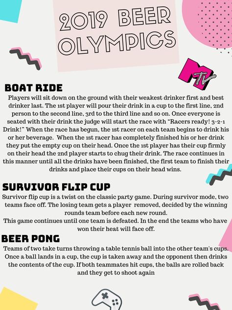 Drinking Olympics Games Bachelorette Parties, Beer Olympics Bachelorette Party, Drink Olympics, Beer Olympics Games Ideas, Drinking Olympics Games, Drunk Olympics Games, Beer Olympics Team Themes, Bachelorette Olympics, Beer Olympics Teams