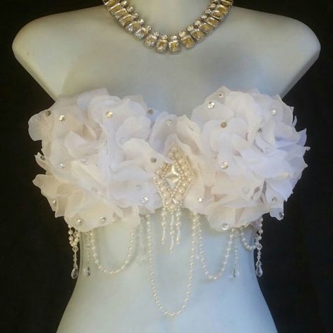 White Floral Bra by Pixie Glitz Shop    #coachella #raveoutfit #edcoutfit #floralbra #ravewear #wwbfwear #themewear #costume #dancewear #danceoutfit Yellow Rave Outfit, Dnd Ocs, Mermaid Bra, Bridal Bra, Rhinestone Bra, Edm Outfits, Edc Outfits, Rave Gear, Exotic Dance