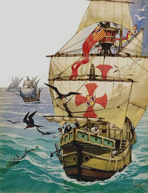 Angus McBride - El primer viaje de Critóbal Colón, 1492 Christopher Columbus Ships, Columbus Ship, Age Of Discovery, Maritime Art, Ship Drawing, Christopher Columbus, History Images, Medieval Period, Nautical Art