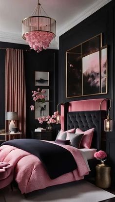 Dark Feminine Bedroom Decor, Feminine Bedrooms For Women, Black Room Decor Bedroom, Black And Pink Bedroom, Bedroom Sanctuary Ideas, Pink And Black Bedroom Ideas, Pink And Black Bedroom, Feminine Bedroom Ideas, Dark Feminine Bedroom