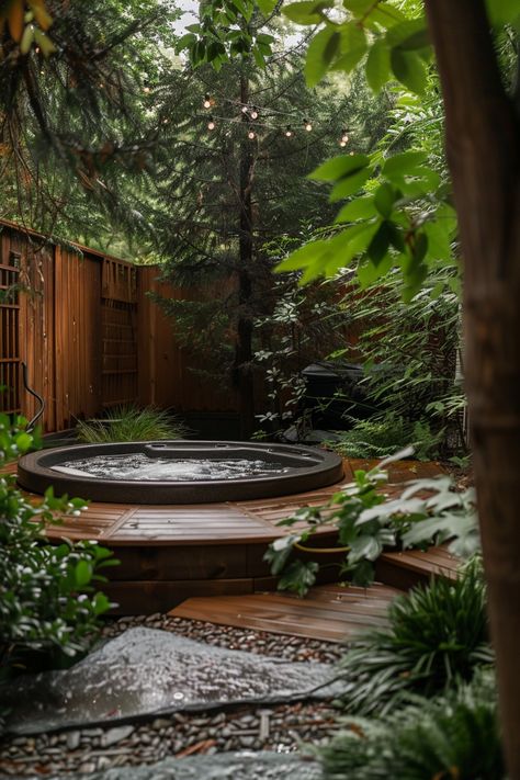 Backyard Hot Tub Ideas: Relax and Unwind - Quiet Minimal Backyard Soaking Tub, Redwood Hot Tub, Hot Tub Corner Backyard, Hot Tub Courtyard, Small Space Hot Tub, Hillside Hot Tub, Hot Tub Garden Ideas Pergolas, Hot Tub Inground, Above Ground Spa Landscaping Ideas