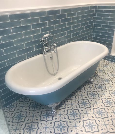 Roll Top Shower Bath, Roll Top Bath Small Bathroom, Free Standing Bathroom Ideas, Blue Victorian Bathroom, Victorian Terrace Renovation, Gym Basement, Farmhouse Reno, Bathroom Tiling, Home Gym Basement