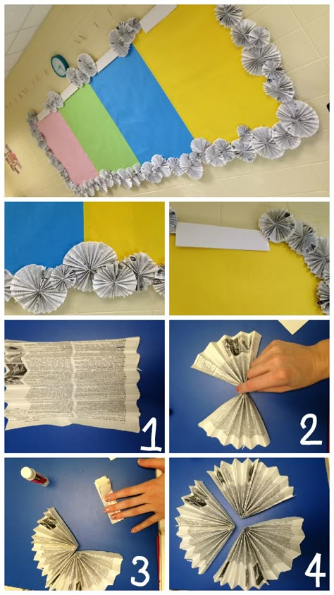 Super cheap way to decorate your classroom! I made a border for my bulletin boards using found or upcycled paper (books being recycled or old newspaper works great!). Recycle an old magazine, book, or dictionary to create an interesting bulletin border for your classroom. 1. Fold paper accordion-style. (Use different page sizes to vary the size of the circle). 2. Pinch the middle of the page. 3. Fold page over and glue. 4. Once you have 3 "triangles" folded, glue the three together. Once dry, yo School Structure, School Clinic, Pto Board, Learning Garden, Bulletin Borders, Art Bulletin Boards, Border Decoration, Old Magazine, Church Bulletin Boards