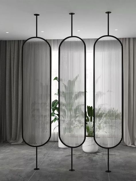 Metal Partition, Glass Divider, Steel Interior Design, Wall Partition Design, Metal Room Divider, Living Room Divider, Divider Design, Reeded Glass, Living Room Partition