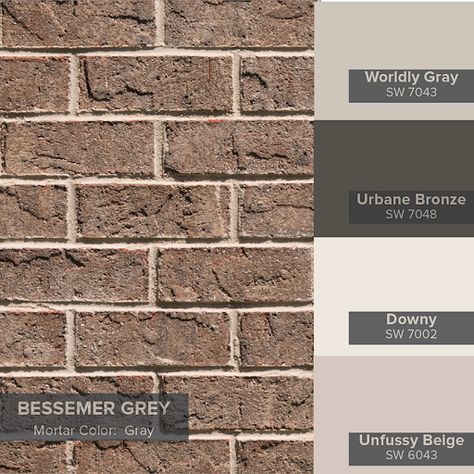 Pink Brick Exterior Color Schemes, Dark Brown Brick House Exterior, Beige Brick House Exterior, Unfussy Beige, Brown Brick House Exterior, Brick House Exterior Colors Schemes, Brown Brick Exterior, Sherwin Williams Exterior Paint, Triangle Brick