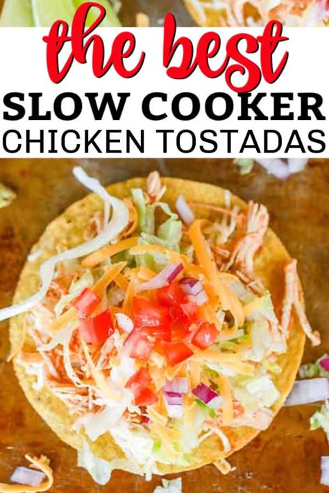 Crock pot chicken tostadas recipe gets dinner on the table fast for a great meal. This recipe is versatile and works for family dinner, parties and more. Eating On A Dime Recipes, Frugal Dinners, Tostadas Recipe, Cilantro Lime Rice Recipe, Green Chile Stew, Lime Rice Recipes, Tostada Recipes, Chicken Tostadas, Best Crockpot Recipes