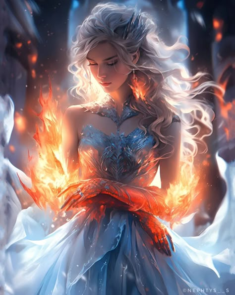 Fire And Ice Fantasy Art, Ice Magic Fantasy Art, Fantasy Fire Kingdom, Fire And Ice Powers, Ice Kingdom Fantasy Art, Fire And Ice Drawing, Roslyn Aesthetic, Fire And Ice Aesthetic, Ice And Fire Aesthetic