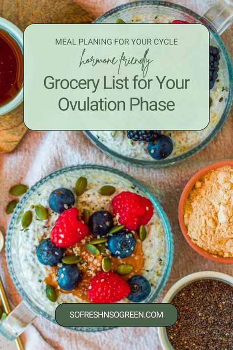 While eating a wide variety of nutrients to support each phase of the menstrual cycle is important, I love focusing on the ovulatory phase, as it’s truly the main event of our menstrual cycle, and we cannot have a healthy period –or hormonal rhythm– without it. So let’s get started, with the most delicious ovulatory phase foods and grocery shopping list providing you with ingredient and meal ideas to help you naturally balance your hormones and feel your best. Snag all of the details now! Recipes For Menstrual Phase, Ovulatory Phase Meals, Ovulation Phase Meals, Ovulation Phase Foods, Ovulation Foods, Ovulatory Phase Recipes, Luteal Phase Food Recipe, Ovulatory Phase Foods, Ovulation Phase