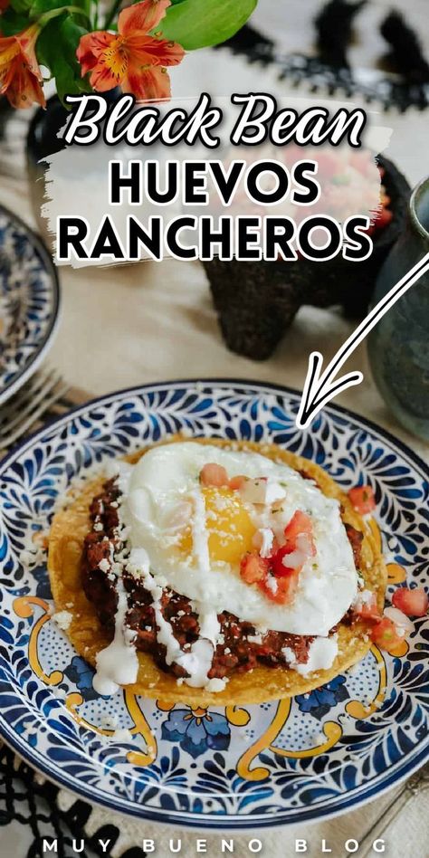 This black bean huevos rancheros recipe is easy to make and will delight your taste buds with its authentic taste. Whether it's lunch, dinner, or breakfast, this hearty dish promises to be a crowd-pleaser. Serve on a tostada and top with your favorites including queso fresco, fried egg, pico de gallo, or Mexican crema. This easy, delicious recipe is Mexican comfort food on a plate! Enjoy some today! Huevos Rancheros Recipe, Best Lunch Recipes, Homemade Corn Tortillas, Mexican Breakfast Recipes, Hearty Lunch, Entree Recipes, Mexican Food Recipes Authentic, Mexican Dishes, Simple Recipe