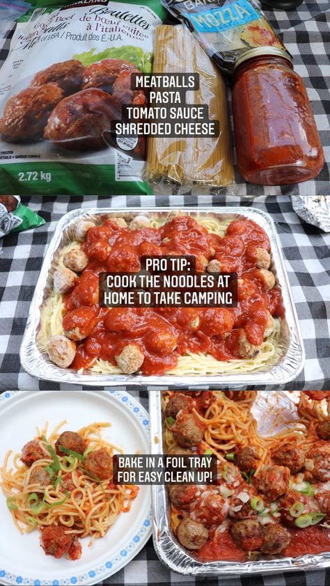 Camping Pasta Dinner, Camping Spaghetti Make Ahead, Pre Prepped Camping Meals, Camping Food Ideas Dinner Easy Meals, Dinner Ideas For Camping Families, Camping Pasta Meals, Best Campfire Meals, Meals For Camping Outdoors, Camping Meals Make Ahead