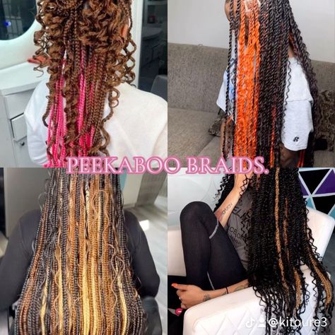 braids with two different colours Cute Braid Color Combinations, Colour Combo Braids, Types Of Braids Names, Hair Color Combos Braids, Peekaboo Hair Colors Braids, Fall Color Braids, Different Color Braids, Braid Color Combos, Boho Braids With Color