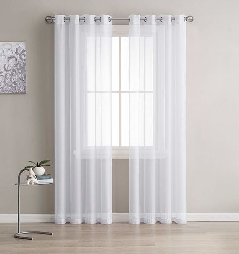 Some semi-sheer curtains to give you privacy but still let in natural light, which is the key to a spacious feeling. 32 Things That'll Make Your Home Feel Bigger Than It Actually Is Window Treatments Sheer, Kitchen Window Curtains, White Sheer Curtains, Tulle Curtains, Short Curtains, Stylish Curtains, Voile Curtains, Quality Curtains, Sheer Curtain Panels