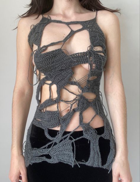 Crochet Avant Garde, Subversive Crochet Top, Avant Garde Crochet, Deconstructed Crochet, Crochet High Fashion, Cyberpunk Crochet, Distressed Crochet Top, Gothic Knitting, Edgy Crochet