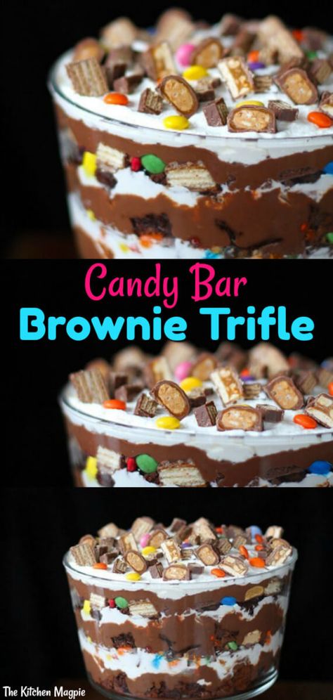 Trifle Bowl Desserts, Leftover Halloween Candy Recipes, Brownie Trifle Recipe, Halloween Candy Recipes, Trifle Bowl Recipes, Trifle Dessert Recipes, Candy Bar Cake, Brownie Trifle, Leftover Halloween Candy