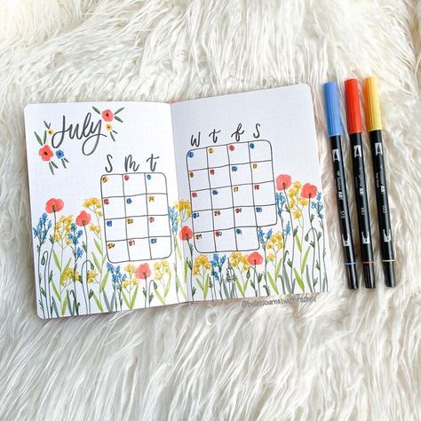 July Bullet Journal Calendar, July Bullet Journal, Bullet Journal Calendar, Instagram Calendar, Planer Organisation, Bujo Journal, Bullet Journal Work, Planner Themes, Bullet Journal Month