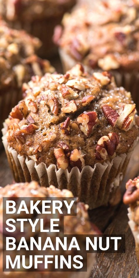 Learn how to make bakery style banana nut muffins with simple everyday ingredients! This easy banana nut muffin recipe will impress everyone with those big domed muffin tops loaded with nuts! #banananutmuffins #muffins Saved Recipes On My Board, Herbalife Muffins, Breakfast Bits, Muffins With Buttermilk, Easy Banana Nut Muffins, Magic Muffins, Easy Banana Muffins, Banana Bread Muffin Recipe, Morning Muffins