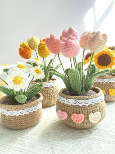 Crochet Pot Flower Plant Potted Flower Plant Car Accessories - Etsy Hungary Crochet Pot With Flowers, Potted Crochet Flowers, Crochet Pot Flower, Crochet Pot Of Flowers, Crochet Flower In A Pot, Crochet Pot Pattern, Crochet Flowers Pot, Crochet Potted Flowers, Crochet Potted Plants