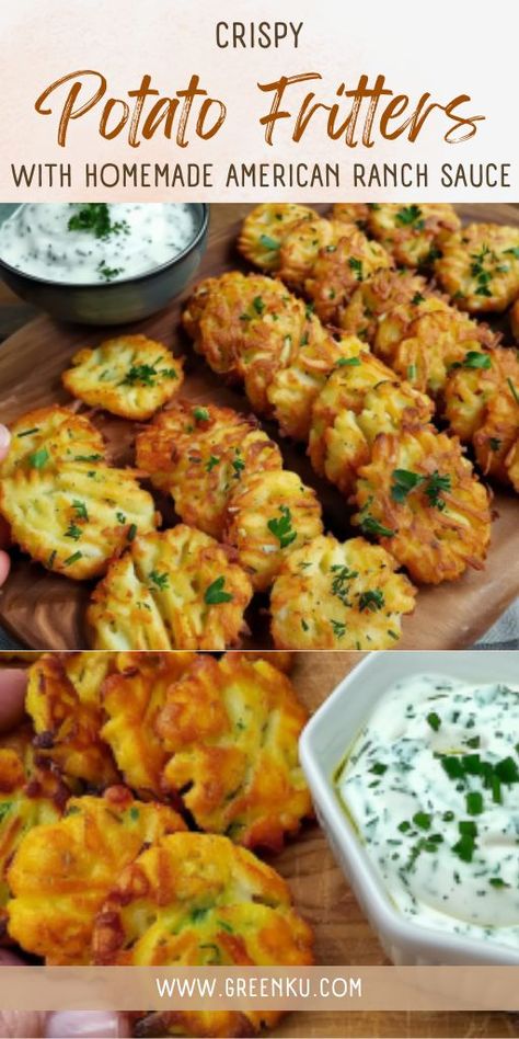 Get ready to fall in love with our crispy potato fritters paired with creamy homemade American ranch sauce! It's a match made in snack heaven. 🥔💕 #SnackTime #HomemadeSauces #PotatoRecipes #DeliciousDips #SatisfyingCrunch Roasted Veggies In Oven, Best Potato Recipes, Ranch Sauce, Sweet Roll Recipe, Salmon Patties Recipe, Potato Fritters, Vegetable Side Dishes Recipes, Potato Recipes Side Dishes, Recipes Appetizers And Snacks