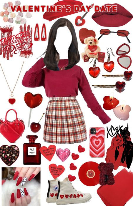 Valentine Themed Outfit, Lovecore Outfit Ideas, Valentines Day Clothing, Casual Vday Outfit, Lovecore Fashion Aesthetic, Valentines Theme Outfit, Heart Theme Outfit, Valintens Outfits, Love Themed Outfits