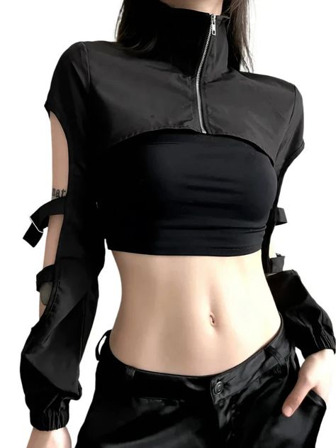 Elevate your streetwear game with the Dark Half-Zip Crop Top, a bold statement piece that combines edgy style with functionality. This sleek black crop top features a half-zip design, allowing for adjustable coverage and added versatility. The cut-out detailing on the sleeves, secured with strap accents, adds a unique twist, making this top perfect for turning heads. Pair it with high-waisted pants or skirts to complete a striking look that's both fierce and fashion-forward. Ideal for nights out Types Of Turtlenecks, Cyberpunk Fashion Women, Turtleneck Streetwear, Arcane Oc, Streetwear Fashion Black, Turtleneck Pattern, Techwear Jacket, Gothic Mode, Techwear Fashion