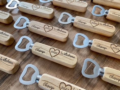 Wood Bottle Opener Wedding Favor Laser Engraved With Names - Etsy Wood Souvenir Wedding, Laser Engraved Gifts Wedding Favors, Lazer Engraver Ideas Wedding, Engraved Wedding Favors, Laser Wedding Favors, Wedding Laser Engraving Ideas, Wooden Wedding Favors, Laser Cut Wedding Favors, Laser Engraver Projects Ideas