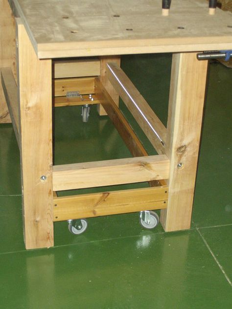 Shop Workbench, Retractable Casters, Workbench Casters, Workshop Bench, Work Shop Ideas, Workbench Designs, Building A Workbench, Mobile Workbench, Woodworking Equipment