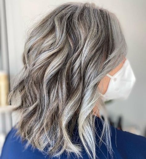 Gray Hair with Brown Lowlights Grey Hair With Brown Lowlights, Brown Hair Going Grey, Brown Hair With Lowlights, Charcoal Hair, Dark Grey Hair, Gray Balayage, Grey Hair Dye, Hair 101, Grey Hair Inspiration