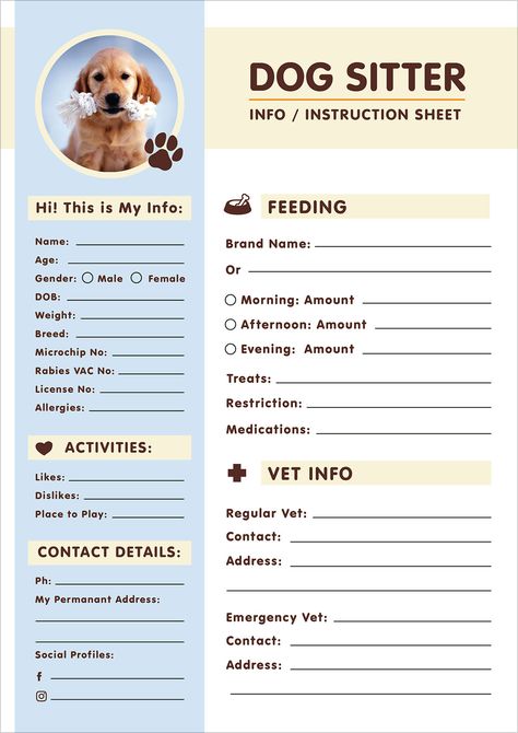 Free Dog Sitter Instruction / Information Sheet Design Template | Designbolts Pet Sitter Checklist, Pet Sitting Price List, Dog Sitting Checklist, Pet Sitter Instructions Free Printables, Pet Information Sheet Free Printable, Information Sheet Design, Pet Information Sheet, Pet Sitter Instructions, Pet Sitting Forms