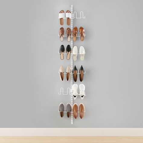 Elfa Utility Shoe Wall Mounted Rack | The Container Store Shoe Wall Rack, Desks With Drawers, Closet Wall Organizer, Wall Shoe Storage, Shoe Rack For Small Spaces, Wall Shoe Rack, Wall Mounted Shoe Storage, Wall Mounted Shoe Rack, Hanging Shoe Rack