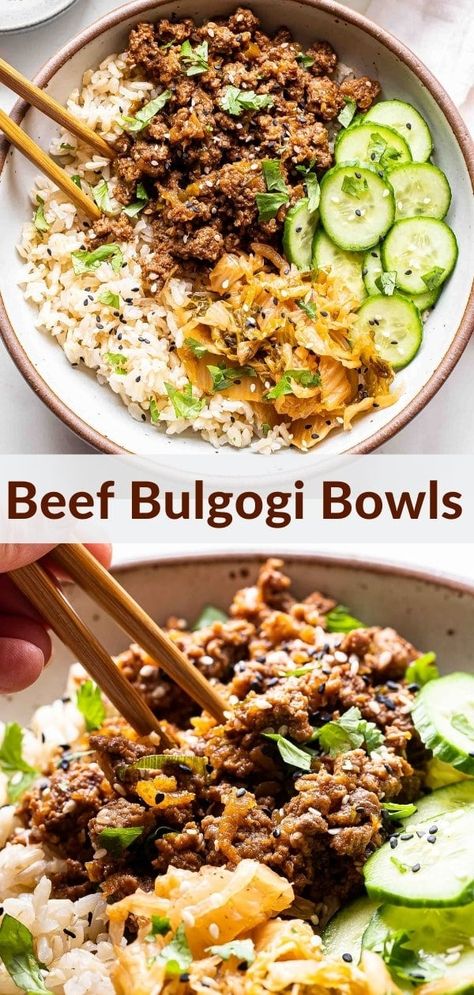 Who needs takeout when you can make your own Beef Bulgogi Bowls! Sweet and spicy ground beef is served on top of rice with kimchi and cucumbers. It's a quick and easy dinner that can be on the table in 30 minutes! #beefbulgogi #bulgogi #ricebowl #groundbeef #healthydinner #dinnerrecipes #mealprep Korean Ground Beef Bulgogi, Ground Beef Bulgogi Recipe, Ground Beef Bulgogi, Beef Bulgogi Recipe, Korean Recipe, Bulgogi Recipe, Healthy Beef Recipes, Korean Side Dishes, Healthy Beef