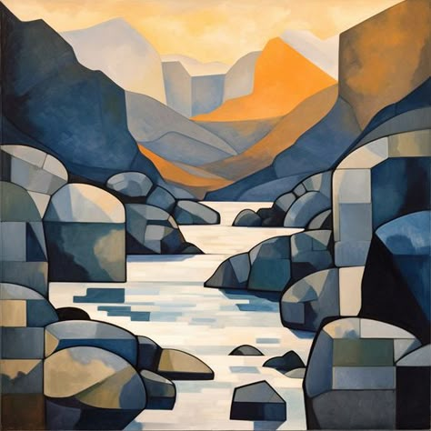 Plunge into the geometric splendour of our Isle of Skye Fairy Pools inspired print, a spellbinding composition where nature meets a modernist's vision. The art captures the serene beauty of the legendary pools at the golden hour, with the sun dipping behind the rugged silhouette of the Cuillin hills, casting a warm, amber glow over the angular landscape. In this cubist interpretation, familiar forms are reimagined as a tapestry of intersecting shapes and planes. Hues of cool blues, greys, an... Cubism Landscape, Intersecting Shapes, Cubism Painting, Geometric Paintings, Scottish Painting, Canvas Art Painting Acrylic, Abstract Tree Painting, Fairy Pools, Travel Art Journal