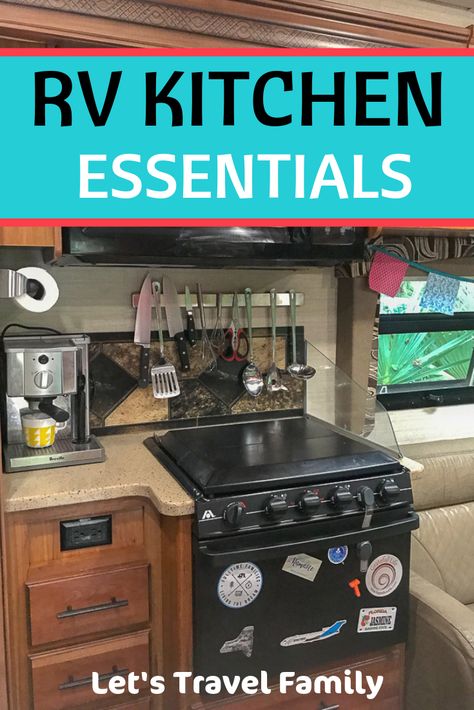 Check out our top RV kitchen essentials and must haves. We are a full-time RV living family that uses these motorhome kitchen accessories with our 4 kids. #rv #rvkitchen #rvacessories #rvliving Van Kitchen, Travel Trailer Living, Rv Camping Checklist, Camper Kitchen, Rv Camping Tips, Camper Hacks, Travel Trailer Camping, Rv Organization, Rv Kitchen