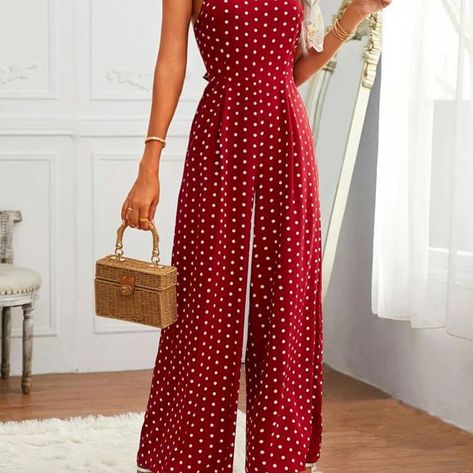 Tie backless polka dot cami jumpsuit. Size: XS S M L. Dm for more info... Check more at PrettyTikTok.com Cami Jumpsuit, Polka Dot, Polka Dots, Jumpsuit, Clothes