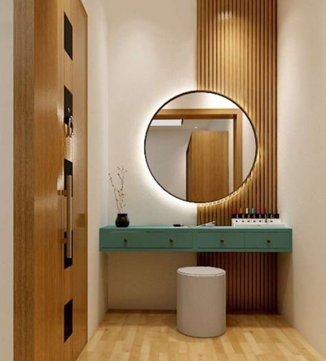 Wash Counter, Toilet Cabinet, Bedroom Pop Design, House Facades, Dressing Table Design, Circle Mirror, Modern House Facades, Circular Mirror, Dressing Area