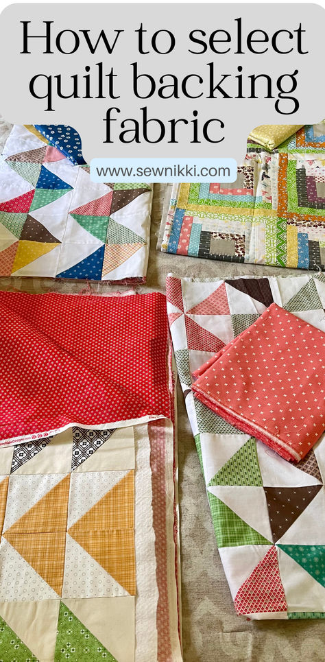 finished quilt tops with quilt backing fabric laying on bed Backing For Quilts, Quilt Backs Ideas Awesome, Learning To Quilt, How To Put A Quilt Together, Quilt Backing Fabric, How Much Fabric Do I Need For A Quilt, Quilt Back Ideas Simple, Quilt Backing Ideas, Small Sewing Space