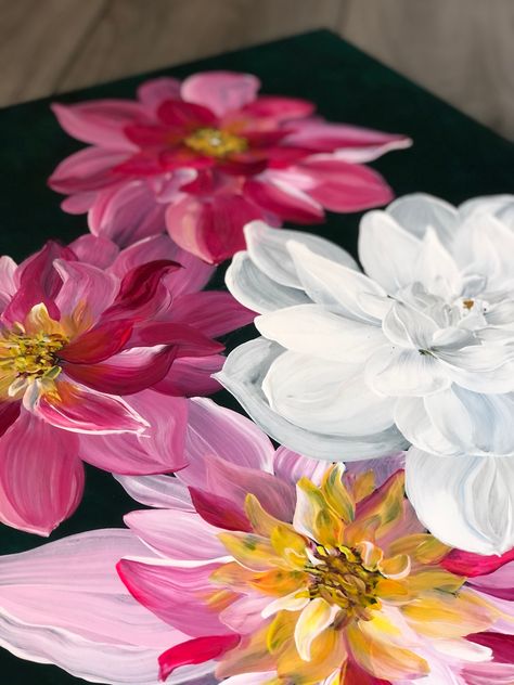 The meaning and symbolism of dahlia flowers Dahlia Painting, 14th Wedding Anniversary, Acrylic Inspiration, Garden Activities, Dahlia Flowers, Dark Green Background, Flower Meanings, Floral Pattern Design, Summer Sunshine