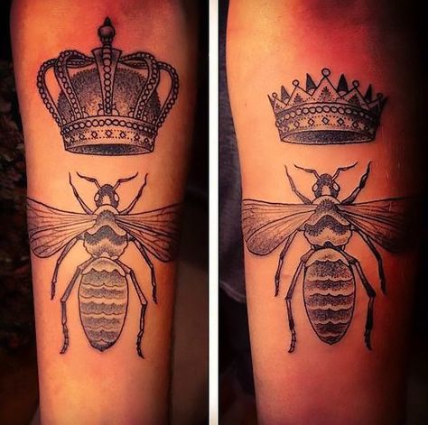 One forearm has a tattoo consisting of a king bee and his crown while the other forearm has a queen bee and her crown. Tattoo Bee, Queen Bee Tattoo, King Tattoo, King Bee, Bug Tattoo, Insect Tattoo, King Tattoos, Omerta Tattoo, Incredible Tattoos