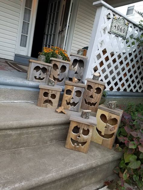 Wooden jack-o-lantern, wood pumpkin, fall decoration, porch pumpkin, wood jack-o-lantern, Halloween decor, autumn pumpkin, porch decor by ReclaimandRefurbish on Etsy Wooden Jack O Lantern Boxes, Wooden Jack O Lantern, Pumpkin Porch Decor, Wood Shops, Vendor Ideas, Palette Projects, Porch Pumpkins, Halloween Wood Crafts, Rustic Halloween