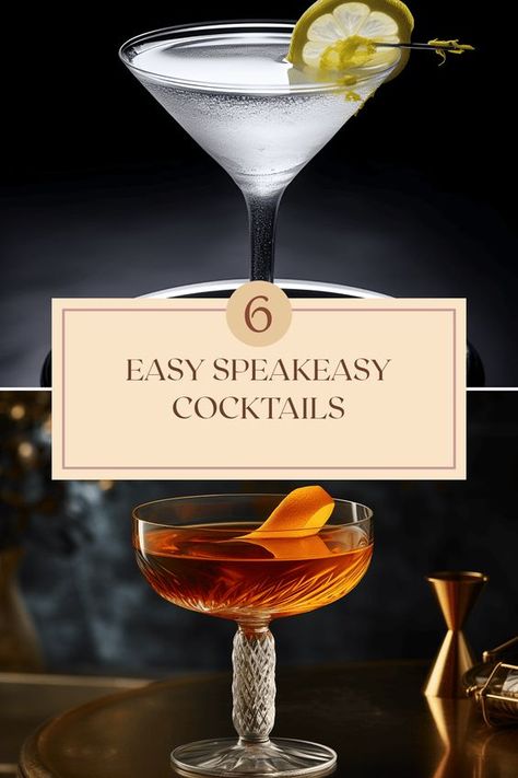 Looking to serve cocktails that have a nostalgic flair? Try these 6 easy speakeasy cocktail recipes you can whip up in no time! Discover drinks like Amber Moon, Black Cat, Prohibition, Silver Bullet, Midnight Dash, and Devil's Soul. From refreshing gin-based mixes to complex whiskey concoctions and sweet herb-infused blends, these cocktails will take you back to the prohibition era. Perfect for home entertaining or enjoying a cozy night in, watch your friends be amazed by your bartending skills! Prohibition Cocktails Speakeasy Bar, Prohibition Era Cocktails, Speakeasy Drinks Cocktails, Diy Speakeasy, Speakeasy Drinks, Speakeasy Cocktails, Prohibition Cocktails, Rip 20s, Prohibition Party