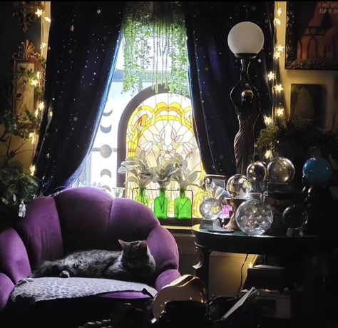 Whimsigothic Home Living Room, Purple Whimsigothic Bedroom, Masculine Whimsigoth, Witchy Dining Room, Whimsigothic Room, Whimsigoth Living Room, Celestial Room Aesthetic, Whimsical Gothic Decor, Whimsigothic Home Bedroom