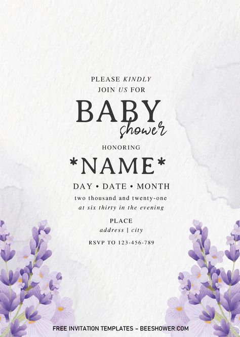 Get Lavender Baby Shower Invitation Templates - Editable .Docx Yellow Baby Shower Invitations, Story Artwork, Lavender Baby Shower Invitations, Lavender Invitation, Lavender Baby Showers, Graduation Images, Baby Shower Invites Neutral, Creative Pregnancy Announcement, Free Wedding Invitation Templates