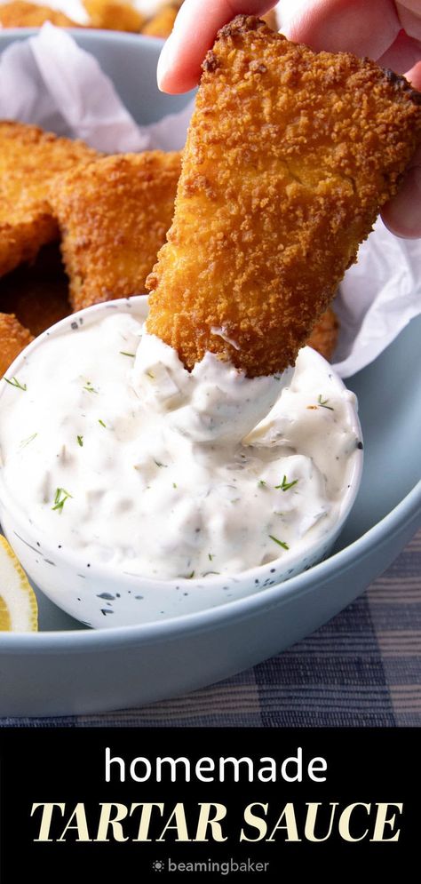 This thick ‘n creamy tartar sauce recipe is made with plenty of tart pickles and fresh dill with a twist of lemon and just a touch of sugar. Just 5 minutes and a handful of ingredients for the easiest homemade tartar sauce! | Recipe at BeamingBaker.com Tarter Sauce With Dill, Tartar Sauce Recipe Easy, Dill Tartar Sauce Recipe, Cajun Tartar Sauce Recipe, Homemade Tartar Sauce Easy, Best Tartar Sauce Recipe, Easy Tartar Sauce, Beaming Baker, Tartar Sauce Recipe