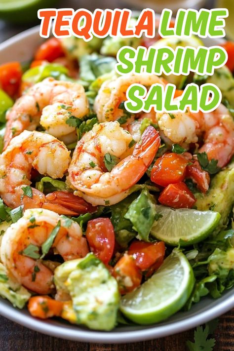 TEQUILA LIME SHRIMP SALAD (WITH CILANTRO LIME DRESSING) Salad With Cilantro Lime Dressing, Tequila Lime Shrimp, Shrimp Salad Recipe, Salad Shrimp, Marinated Shrimp, Cilantro Lime Dressing, Lime Shrimp, Frozen Shrimp, Side Dish Recipes Easy