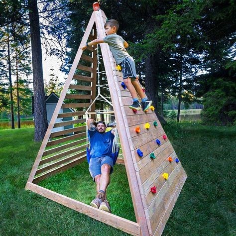 Kids Climbing Playground | Check out how I built this climbing playground for the kids with a hamock swing | By Mr. Build It Diy Swings For Kids, Big Kid Playground, Climbing Net Playground, Diy Climbing Net, Outdoor Climbing Wall For Kids, Backyard Climbing Structure Kids, Diy Outdoor Climbing Structure, Diy Kids Climbing Structure, Diy Climbing Frame