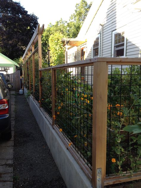 Rail fill and retaining wall inspiration although I'd like a darker stained fence Retaining Wall With Fence On Top, Fence On Retaining Wall, Retaining Wall With Fence, Stained Fence, Lake Fence, Retaining Wall Fence, Fence Stain, 1920s House, Wall Inspiration