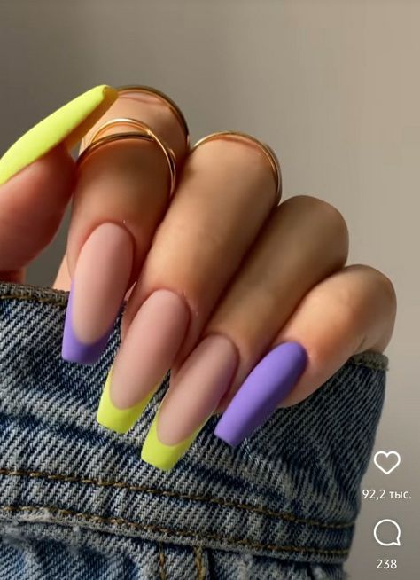 Purple And Yellow Nails Acrylic, Nails Purple And Yellow, Purple Yellow Nails, Trendy Yellow Nails, Purple And Yellow Nails, Groovy Nails, Nails Art Ideas, Purple Nail, Beach Nails