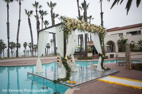 Indian wedding ceremony over a pool. http://www.maharaniweddings.com/gallery/photo/128847 @WendyDahl/chic-productions-weddings Pool Side Wedding, Poolside Mandap Decor, Beach Mandap Decor, South Indian Beach Wedding Decor, Poolside Sangeet Decor, Wedding Pool Party Decorations, Pool Wedding Decorations, Indian Beach Wedding Mandap, Wedding Lenghas