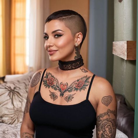 Buzzcut Inspiration, Tattooed Latina, Bald Tattoo, Long Hair Shaved Sides, Curly Mohawk Hairstyles, Tattoo On Chest, Shave Hair, Gloss Lips, Shaved Hairstyles